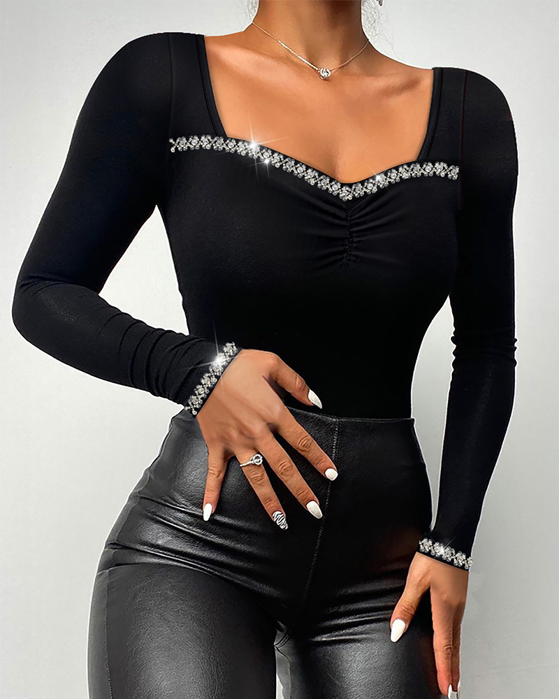 

T-shirt slim à manches longues et col en cœur avec strass - Haut décontracté, Black