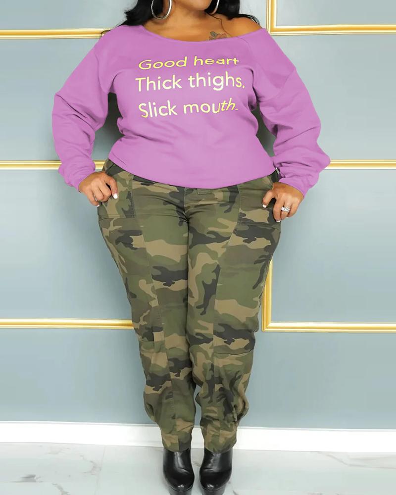 

Plus Size Good Heart Thick Thighs Slick Mouth Print Skew Neck Sweatshirt, Hot pink