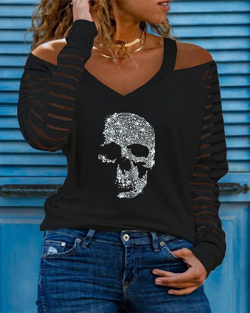

Studded Skull Pattern Cold Shoulder Women Top, Black