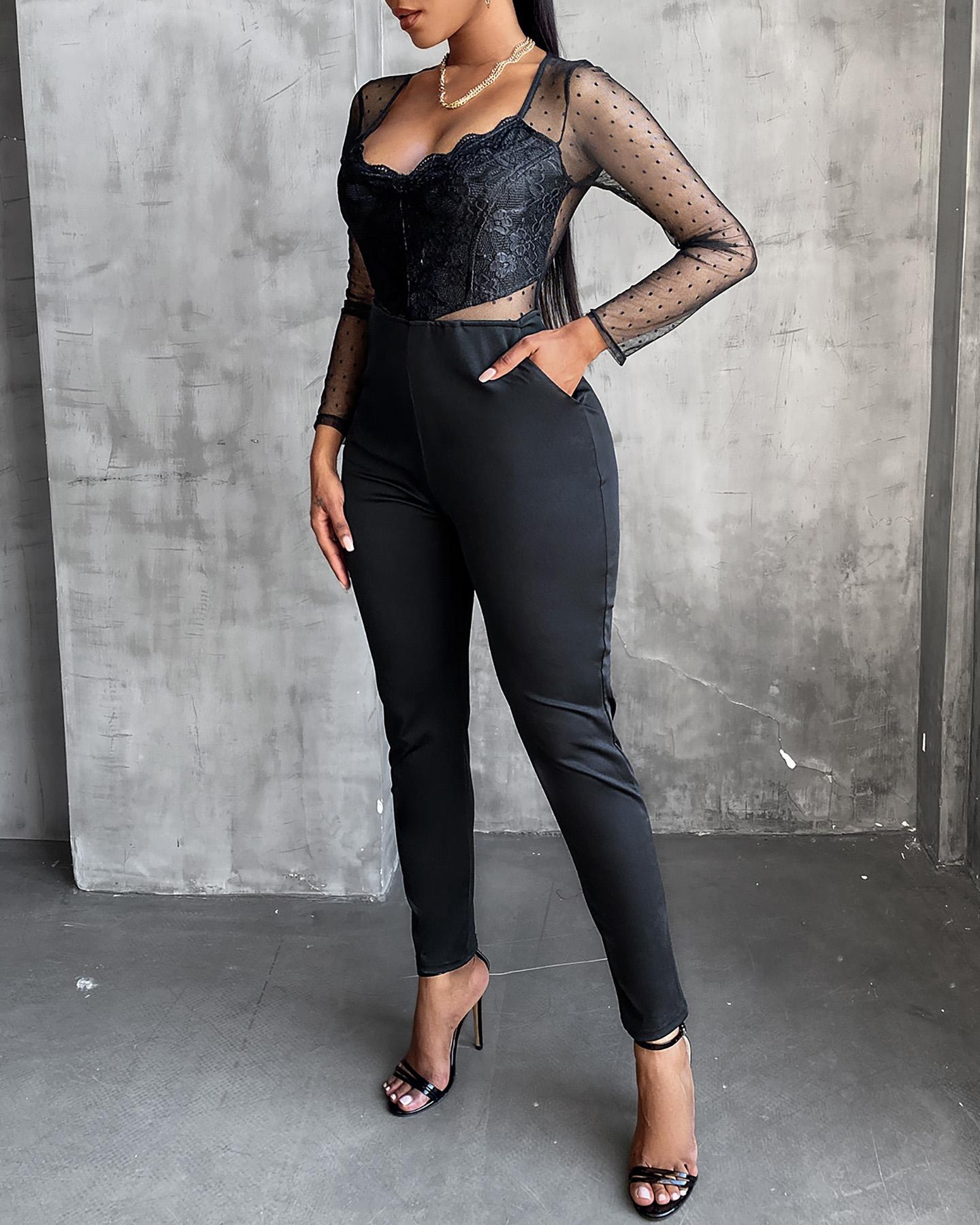 

Dot Sheer Mesh Long Sleeve Fitted Jumpsuit, Black