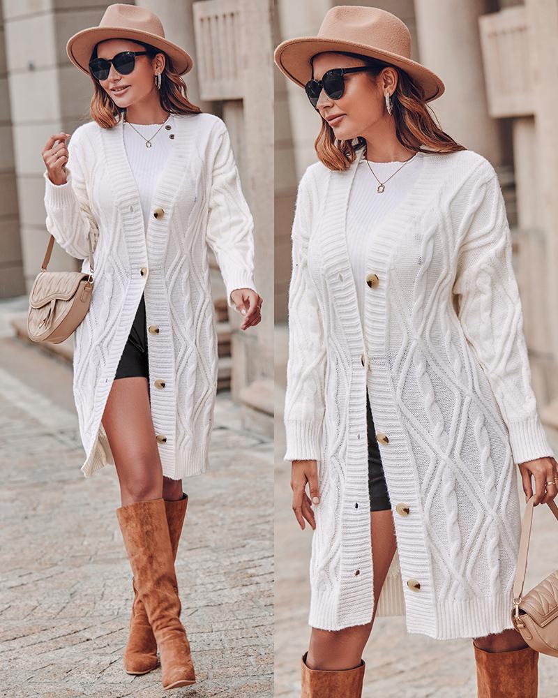 

Cable Knit Buttoned Long Sleeve Cardigan, White