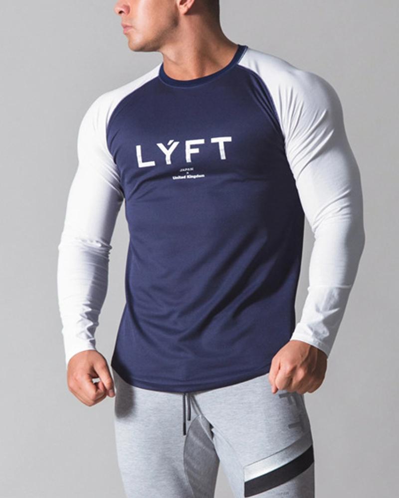 

Colorblock Long Sleeve Loose T-shirts, Purplish blue