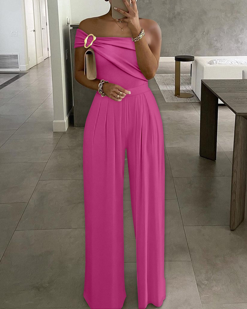 

Cold Shoulder Ruched Buckle Wide Leg Jumpsuit, Hot pink