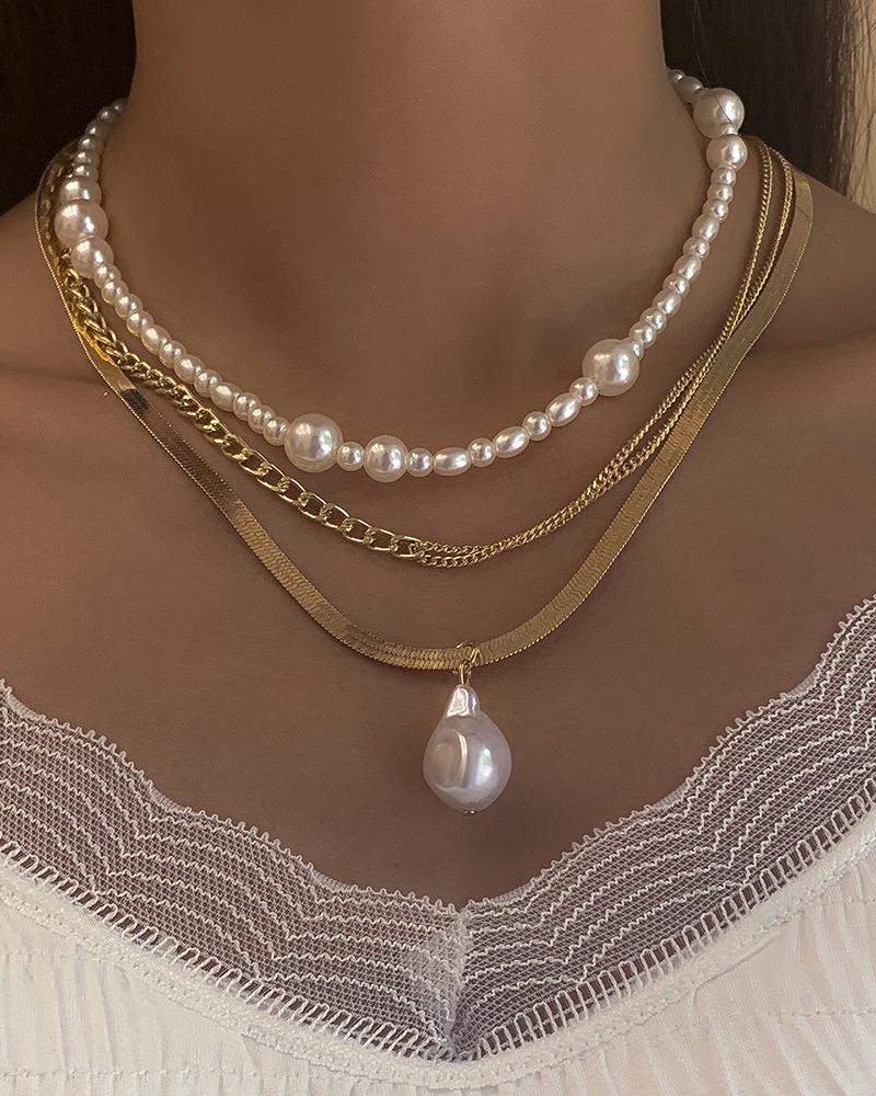 

Retro Pearls Pendant Layered Chain Herringbone Necklace, Gold