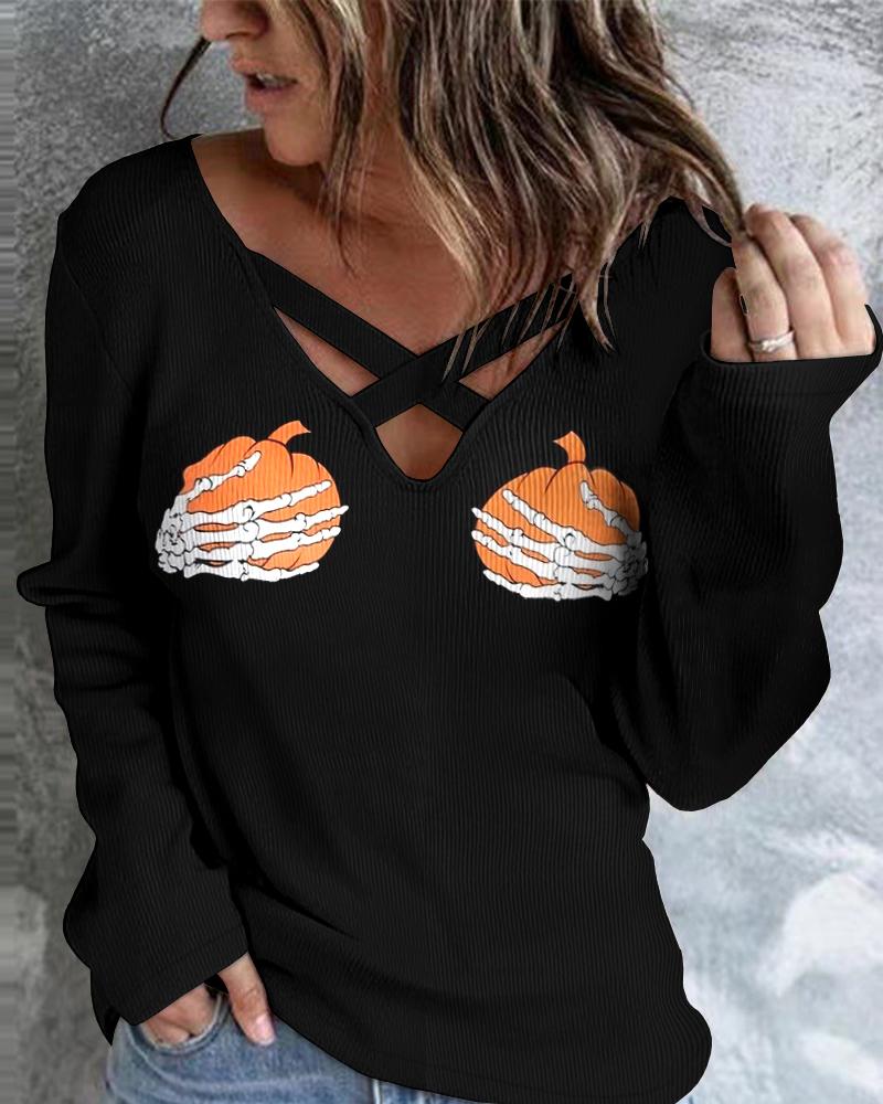 

Halloween Pumpkin Skeleton Print Long Sleeve Top, Black