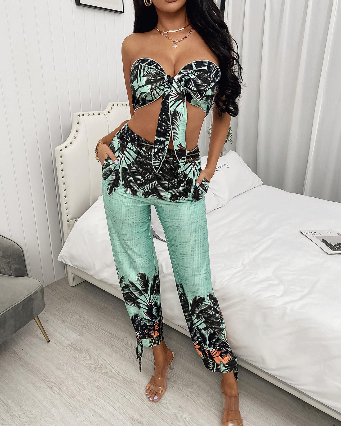 

Tropical Print Bandeau Knotted Top & Slit Pants Set, Green