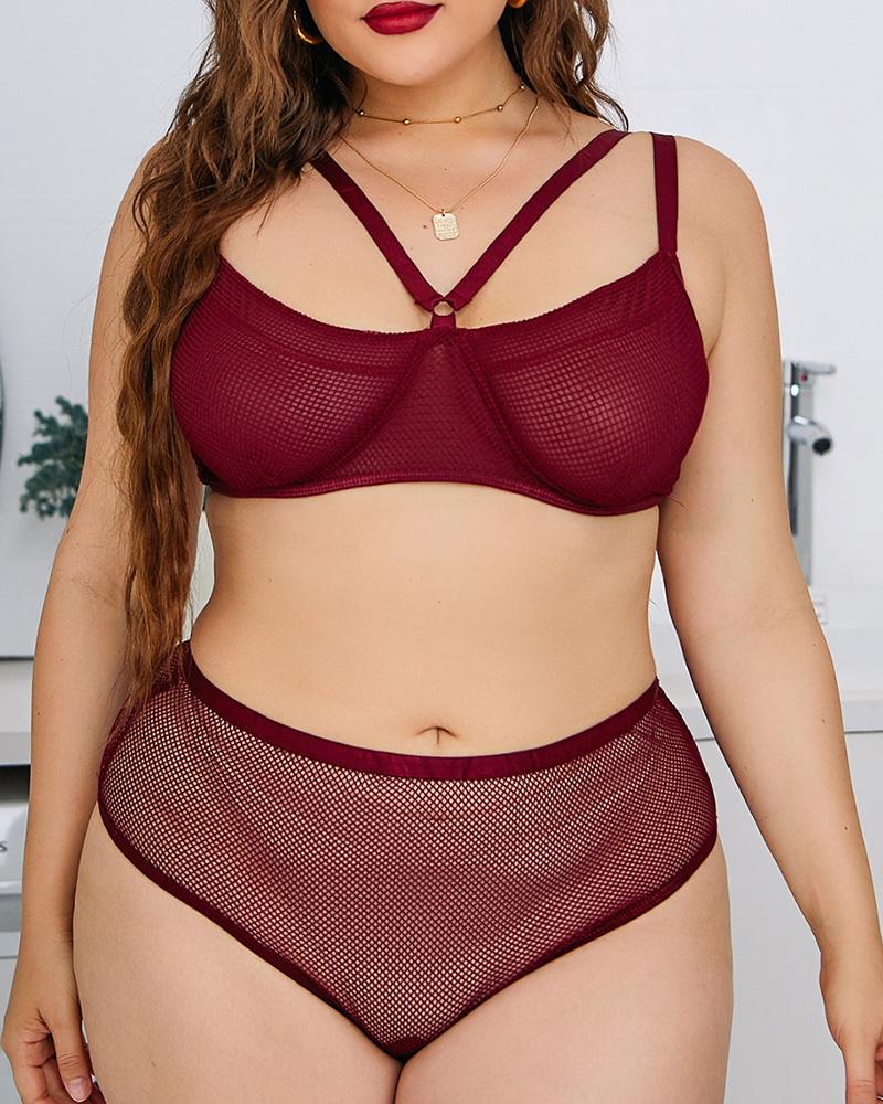 

Plus Size Spaghetti Strap Mesh Lingerie Set, Wine red