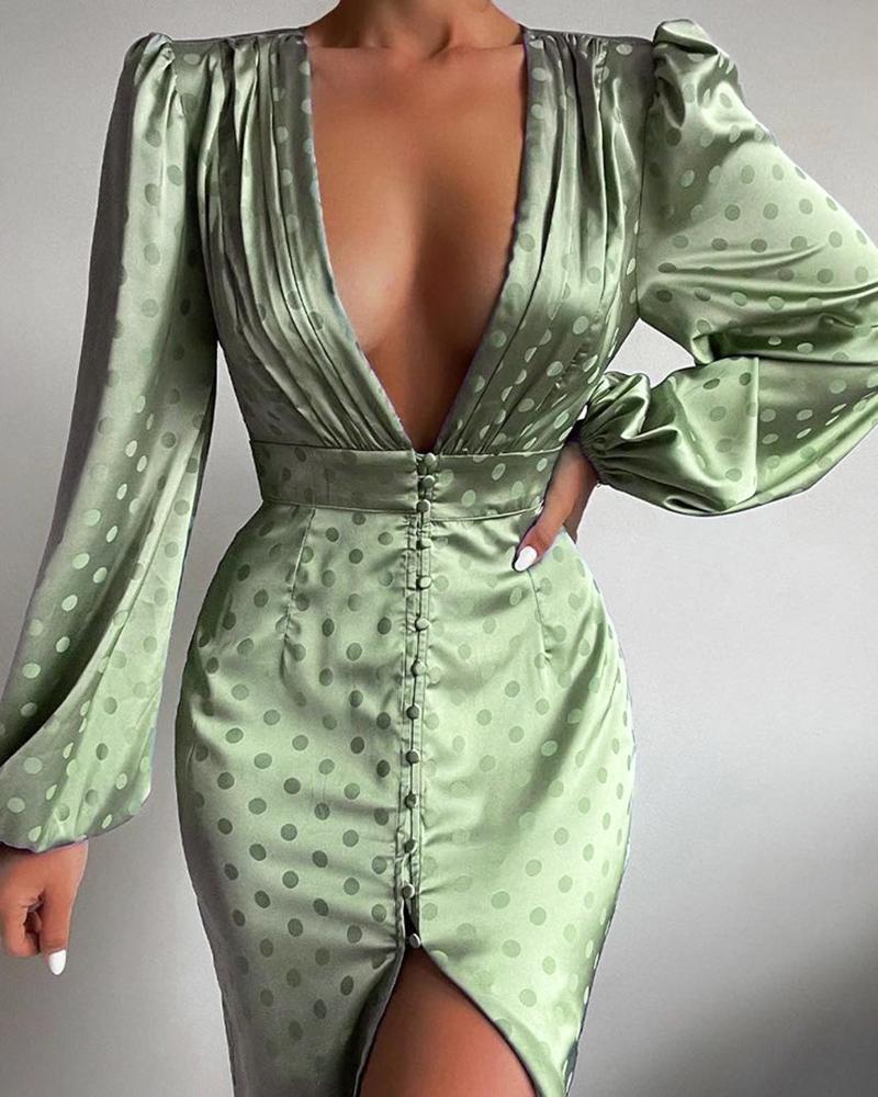 

Plunge Polka Dot Print Lantern Puff Sleeve Satin Party Dress, Green