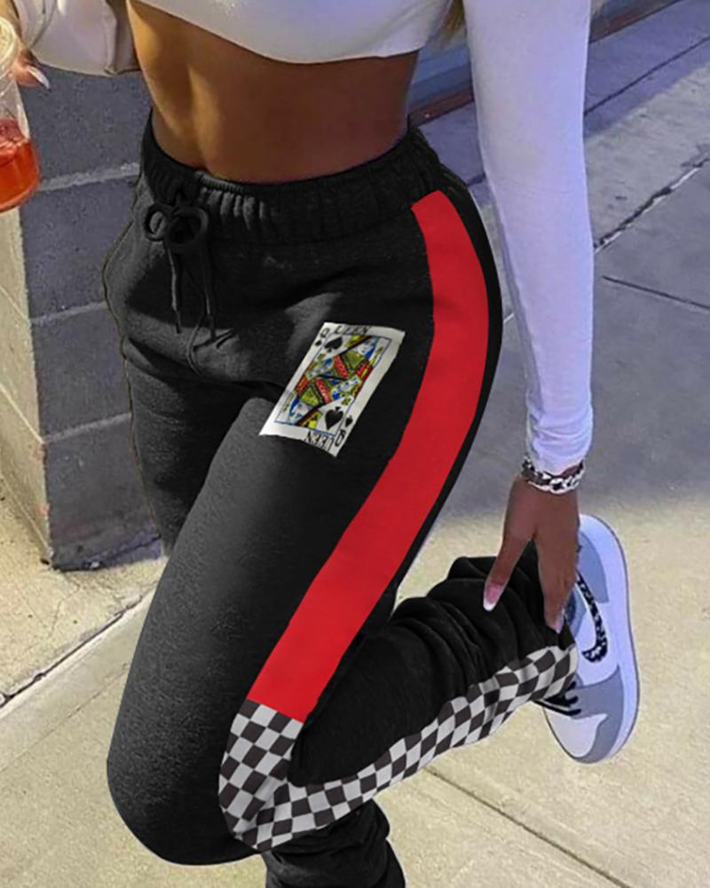 

Poker Plaid Print Colorblock Drawstring Fold Sweatpants, Black