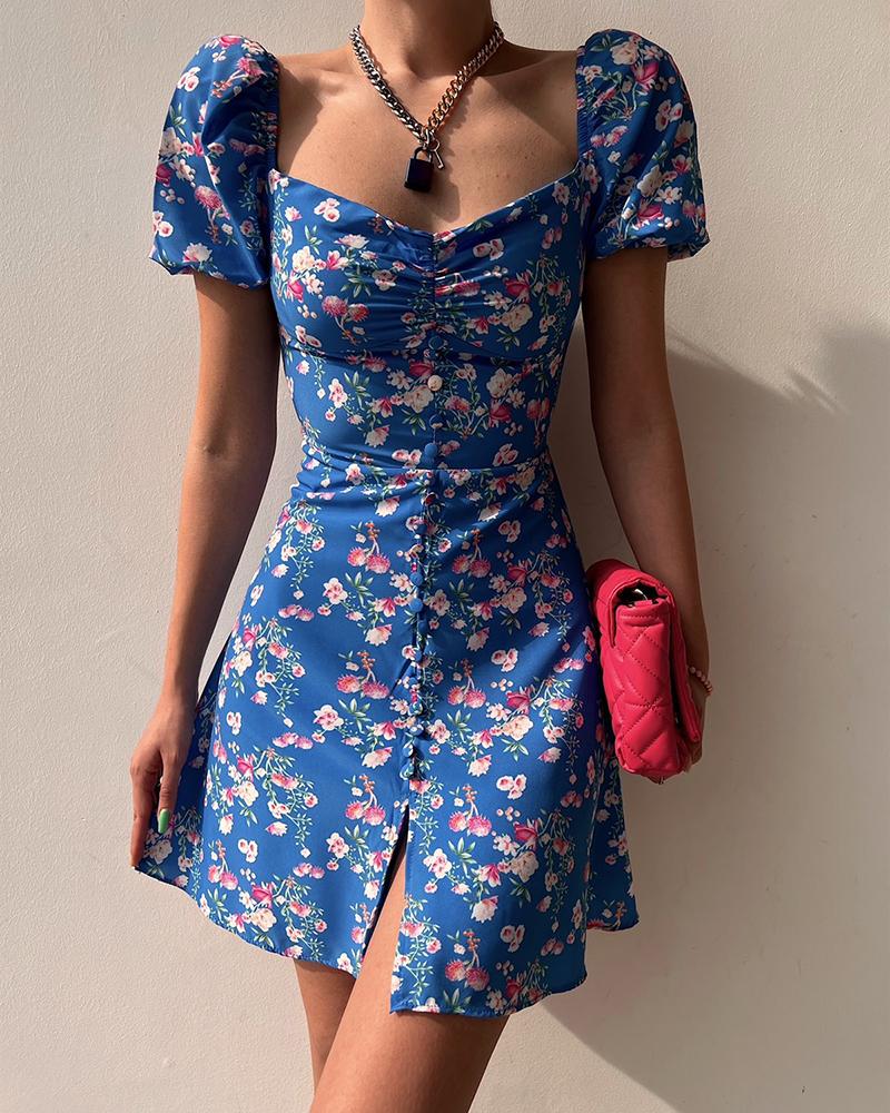 

Ditsy Floral Print Puff Sleeve Buttoned Dress, Blue