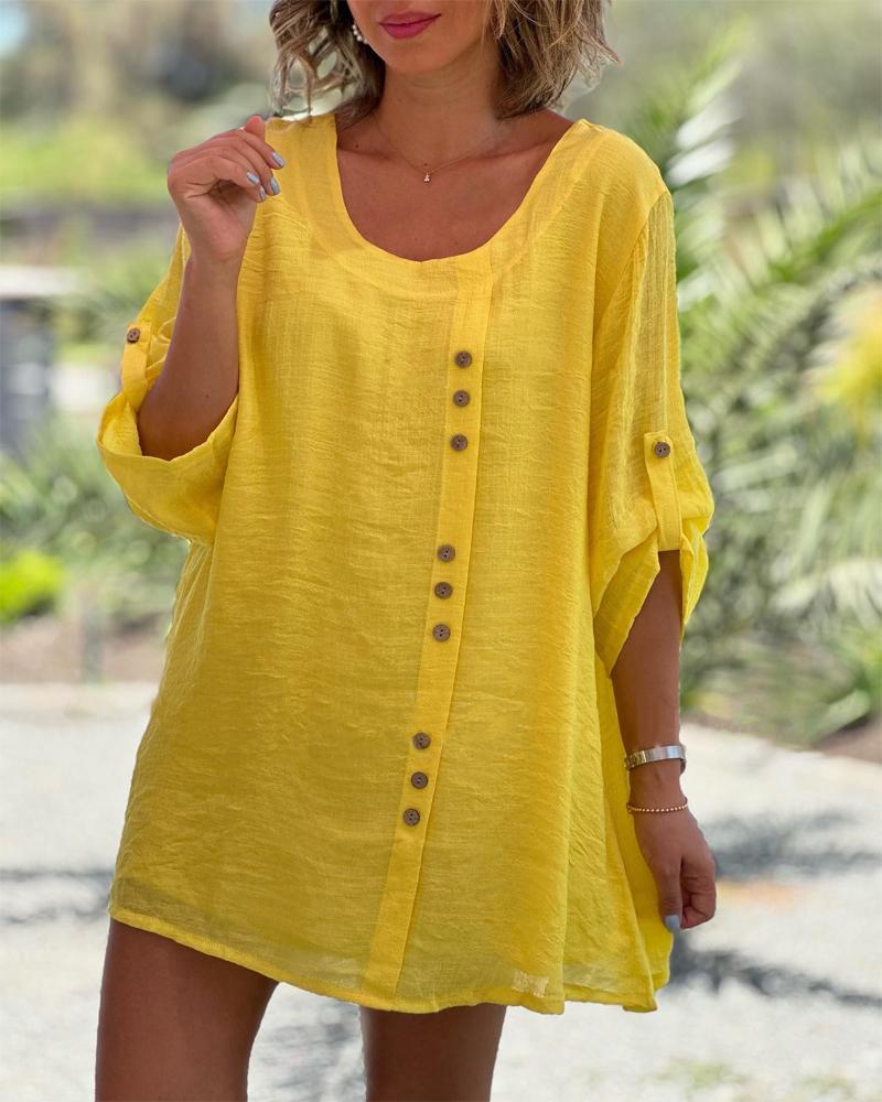 

Button Detail Roll Up Sleeve Casual Dress, Yellow
