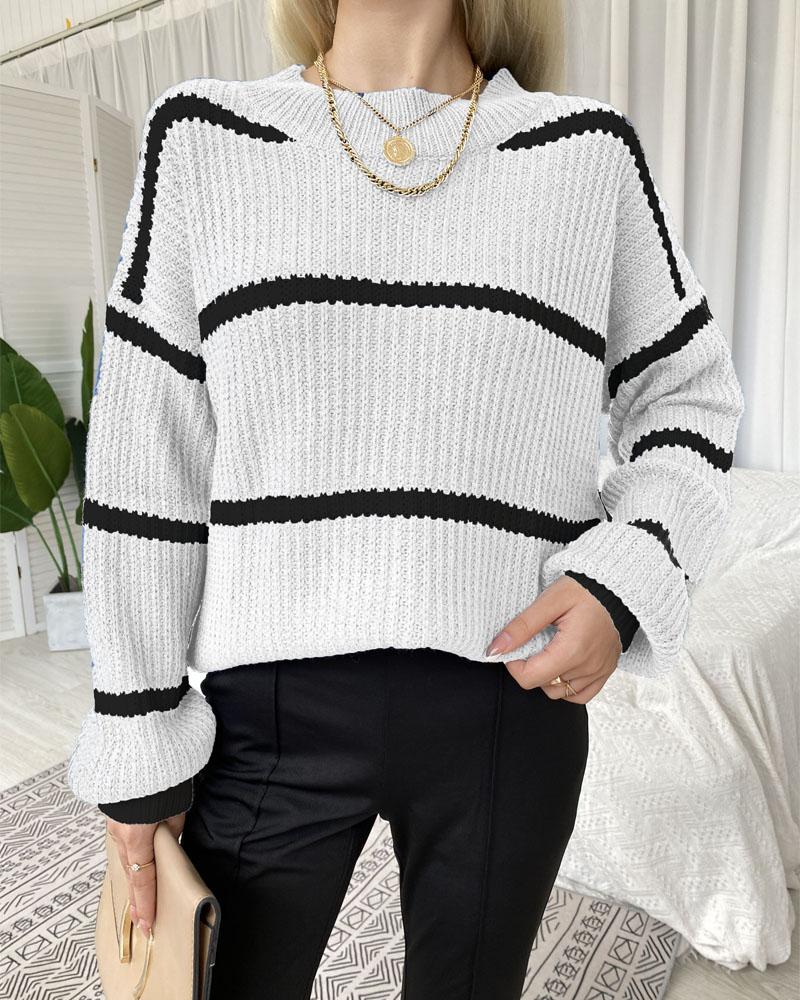 

Striped Bishop Sleeve Chunky Knit Sweater, White