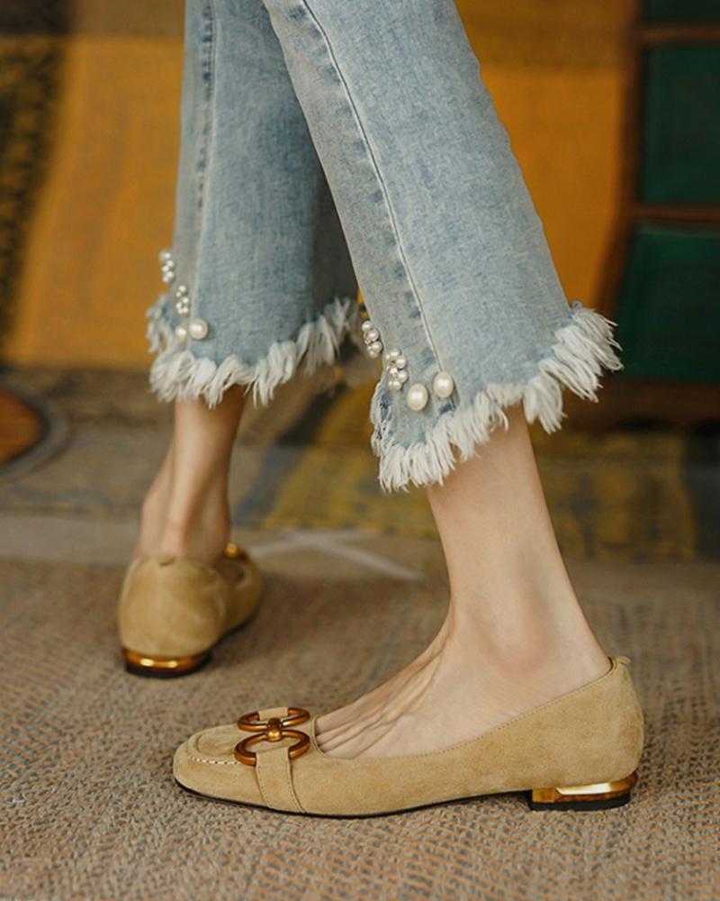 

Square-toe Solid Color Splicing Chain Suede Flat Shoes, Khaki