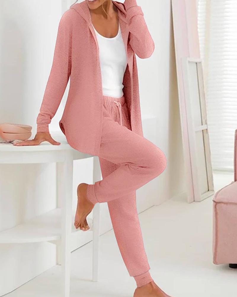 

Long Sleeve Hooded Top & Drawstring Pants Set, Pink