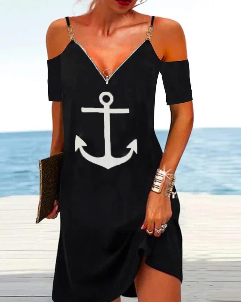 Cold Shoulder Anchor Print Chain Strap Dress