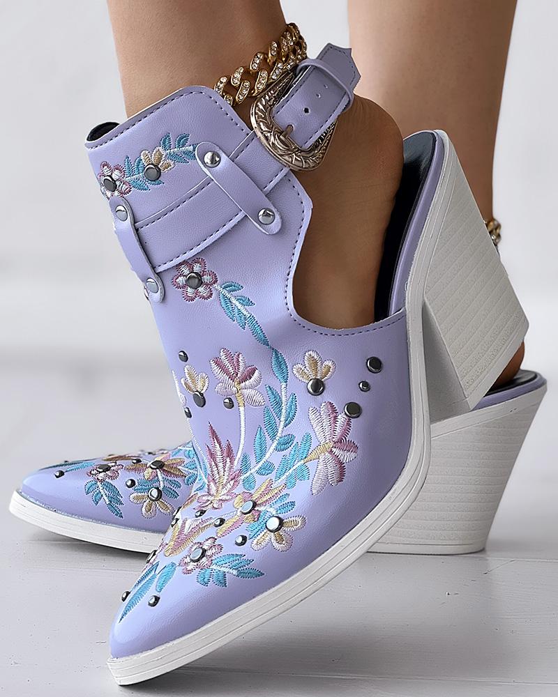 

Floral Embroidery Studded Slingback Buckled Boots, Purple