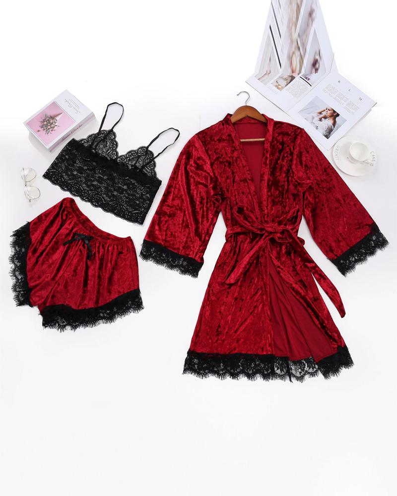 

3PCS Lace Trim Cami Set With Belted Velvet Robe, Red