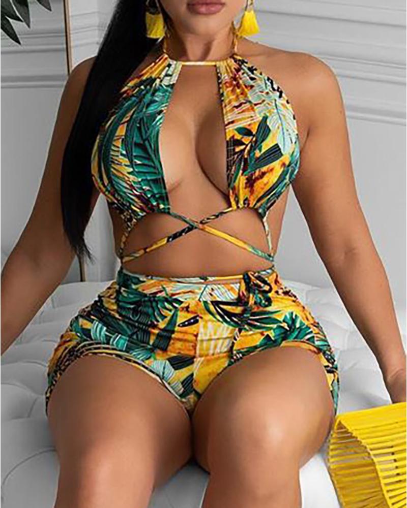 

Tropical Print Tied Detail Sleeveless Bikini Set, Style2