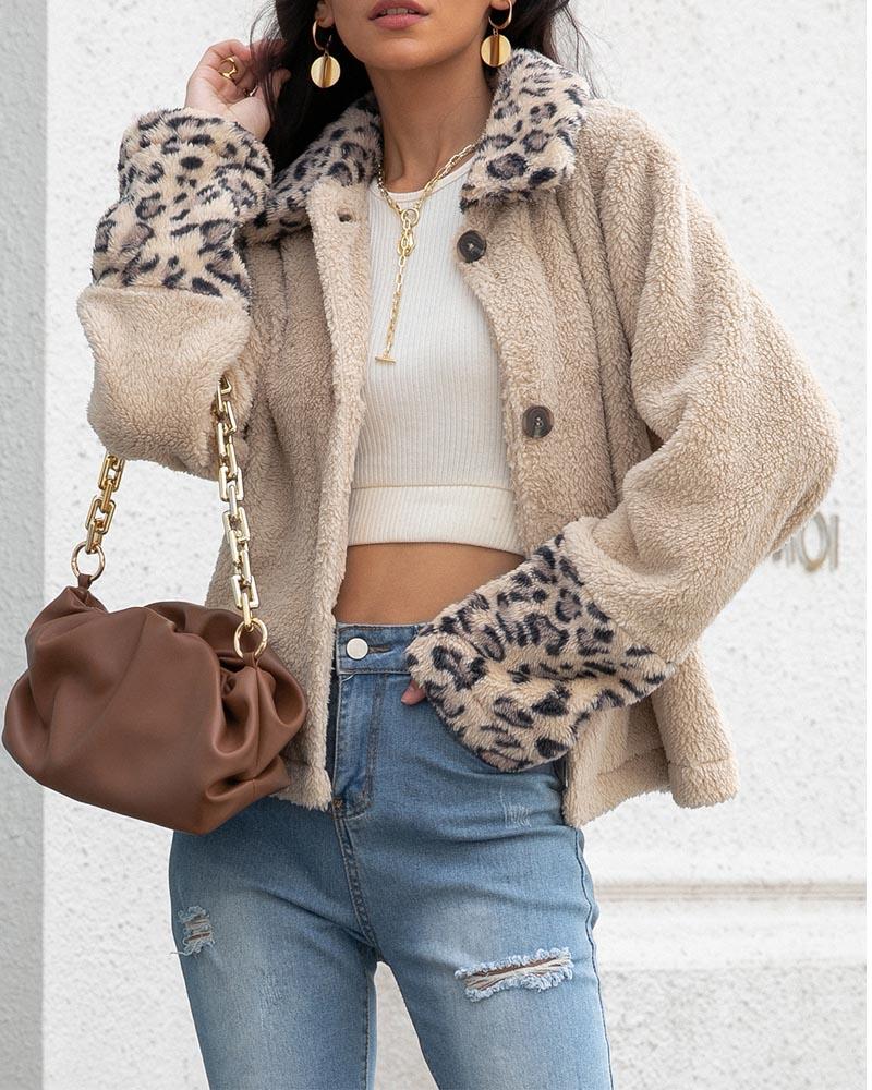 

Contrast Leopard Long Sleeve Teddy Coat, Khaki