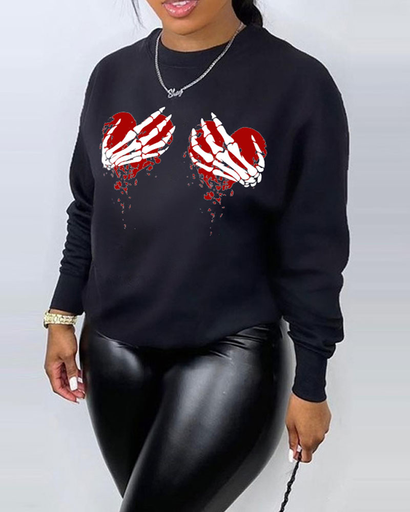 

Plus Size Halloween Skeleton Heart Print Long Sleeve Sweatshirt, Black