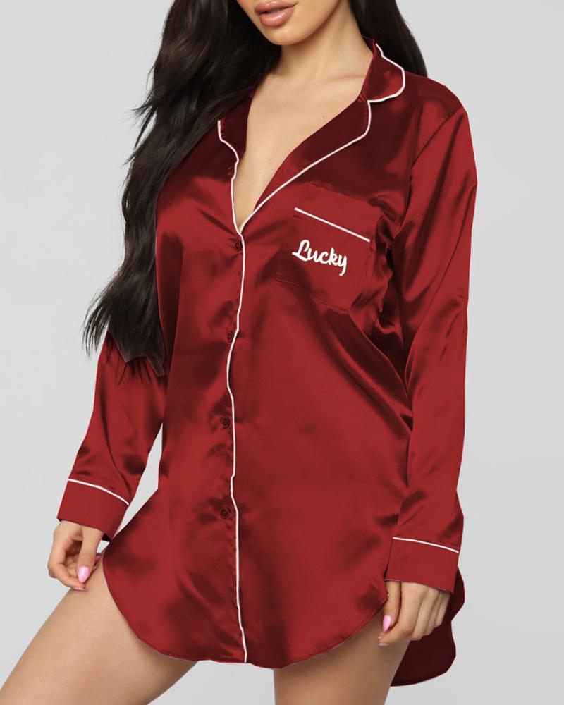 

Letter Print Pocket Design Satin Nightgown, Wine red