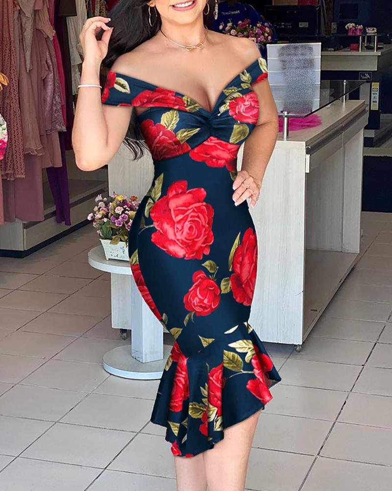 

Floral Print Off Shoulder Ruffles Asymmetrical Party Dress, Blue