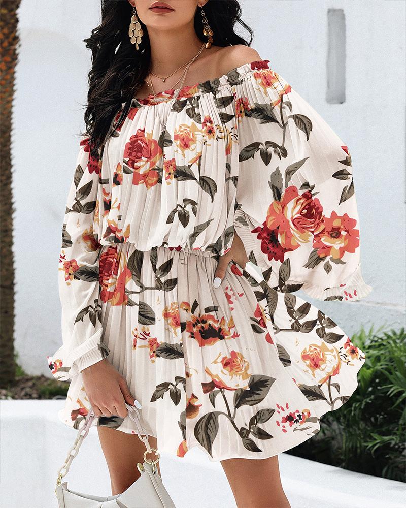 

Floral Print Off Shoulder Ruched Bell Sleeve Tight Waist Casual Dress, White