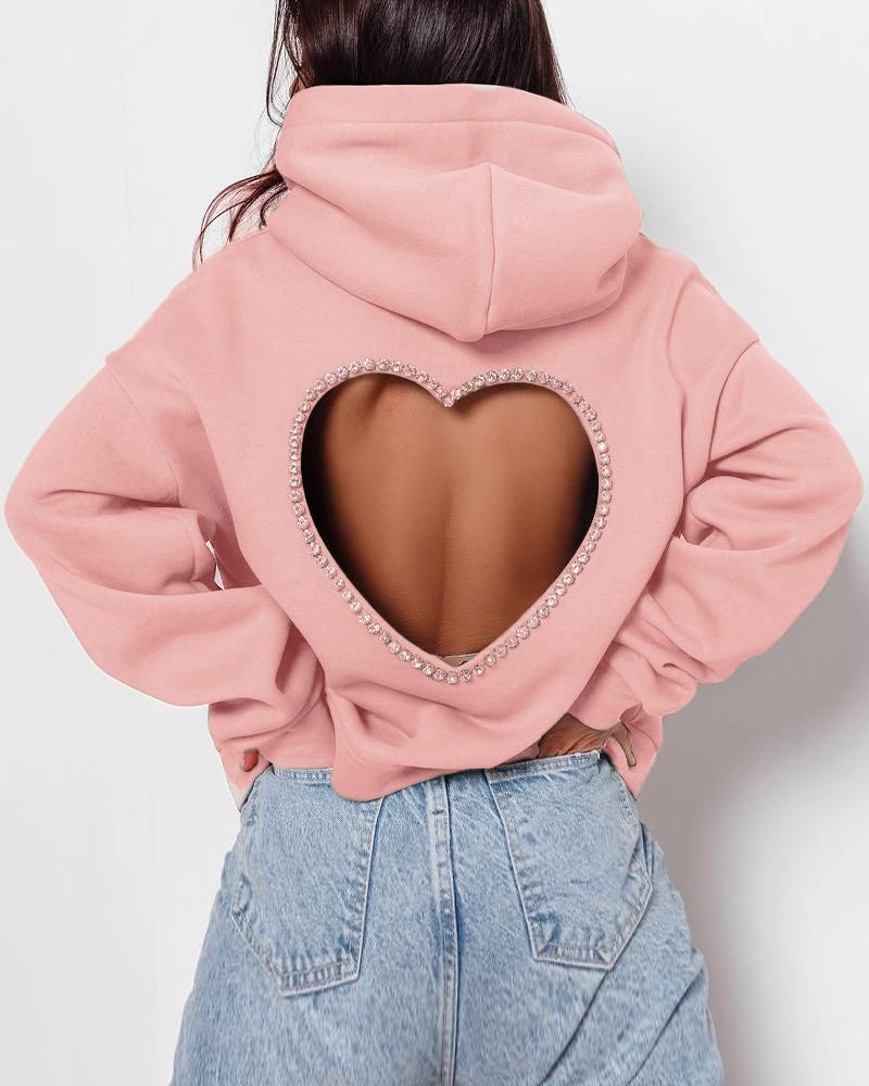 

Rhinestone Decor Open Back Long Sleeve Hoodie, Pink