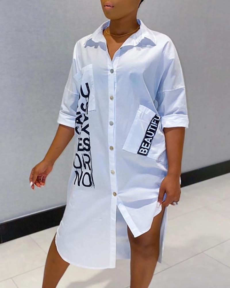 

Letter Print Buttoned Pocket Design Shirt Dress, White
