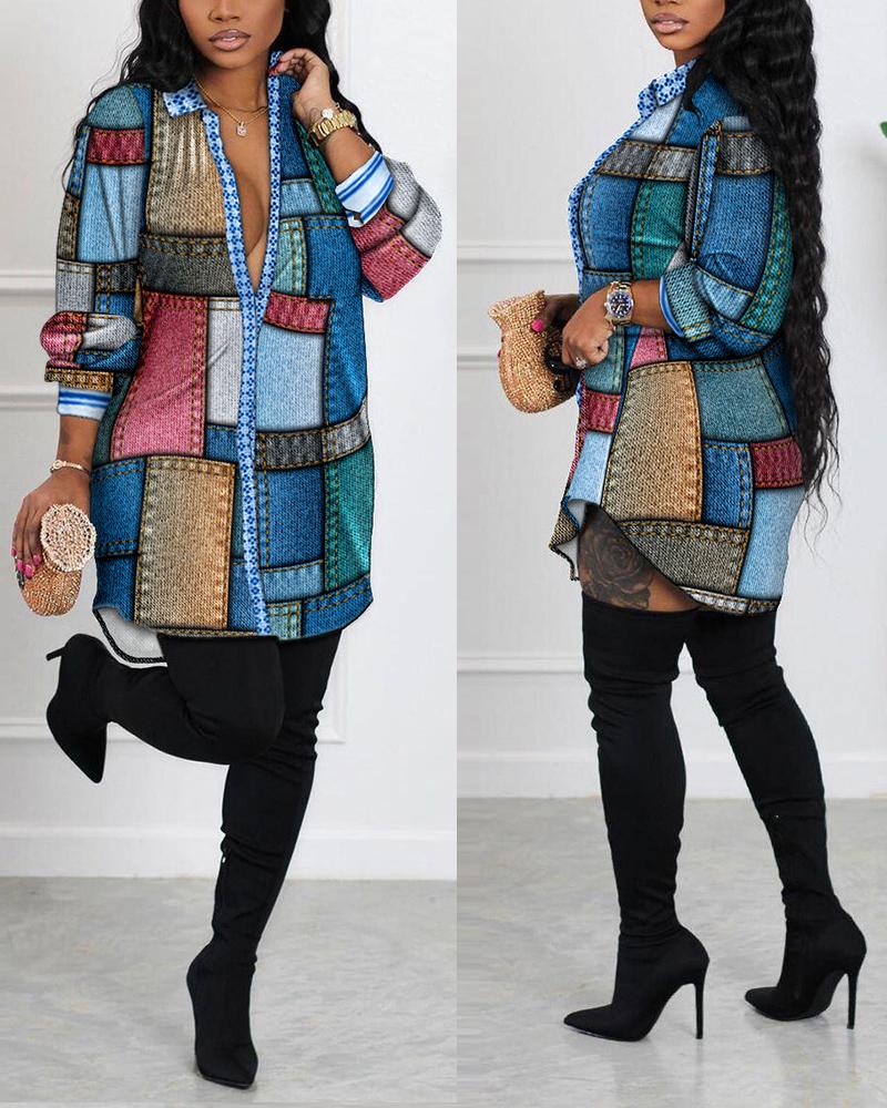 

Plus Size Denim Look Print Long Sleeve Shirt Dress, Multicolor
