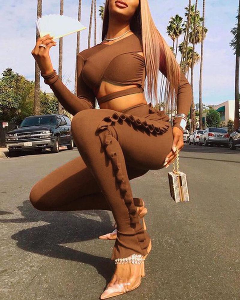 

Cutout Ruffle Hem Knit Crop Top & Pants Set, Brown