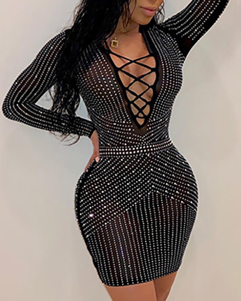 

Hot Stamping Lace-Up Front Bodycon Dress, Black