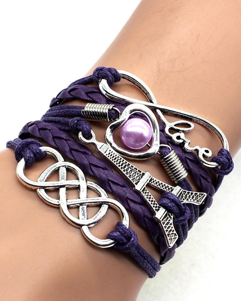 

1pcs Multilayer Hollow Heart Faux Pearl Decor Eiffel Tower Love Letter Design Bohemian Braided Bracelet, Purple