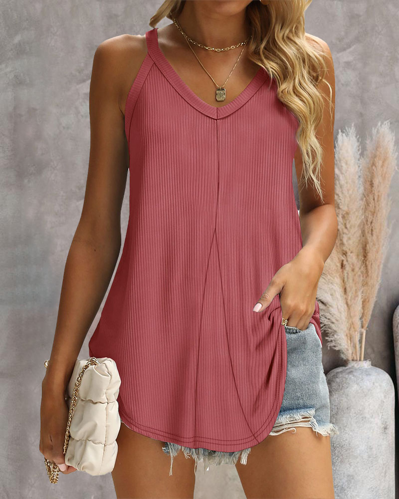 

Ribbed V-Neck Casual Tank Top, Red