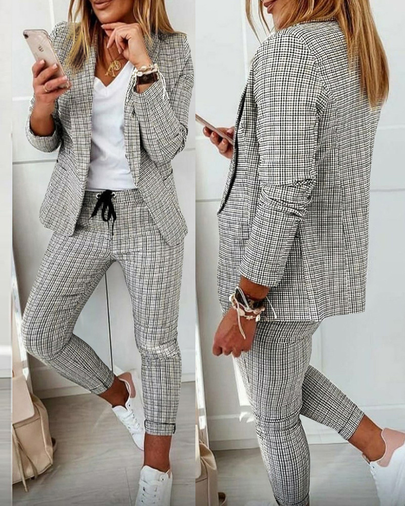 

Plaid Print Blazer Coat & Drawstring Pants Set, White