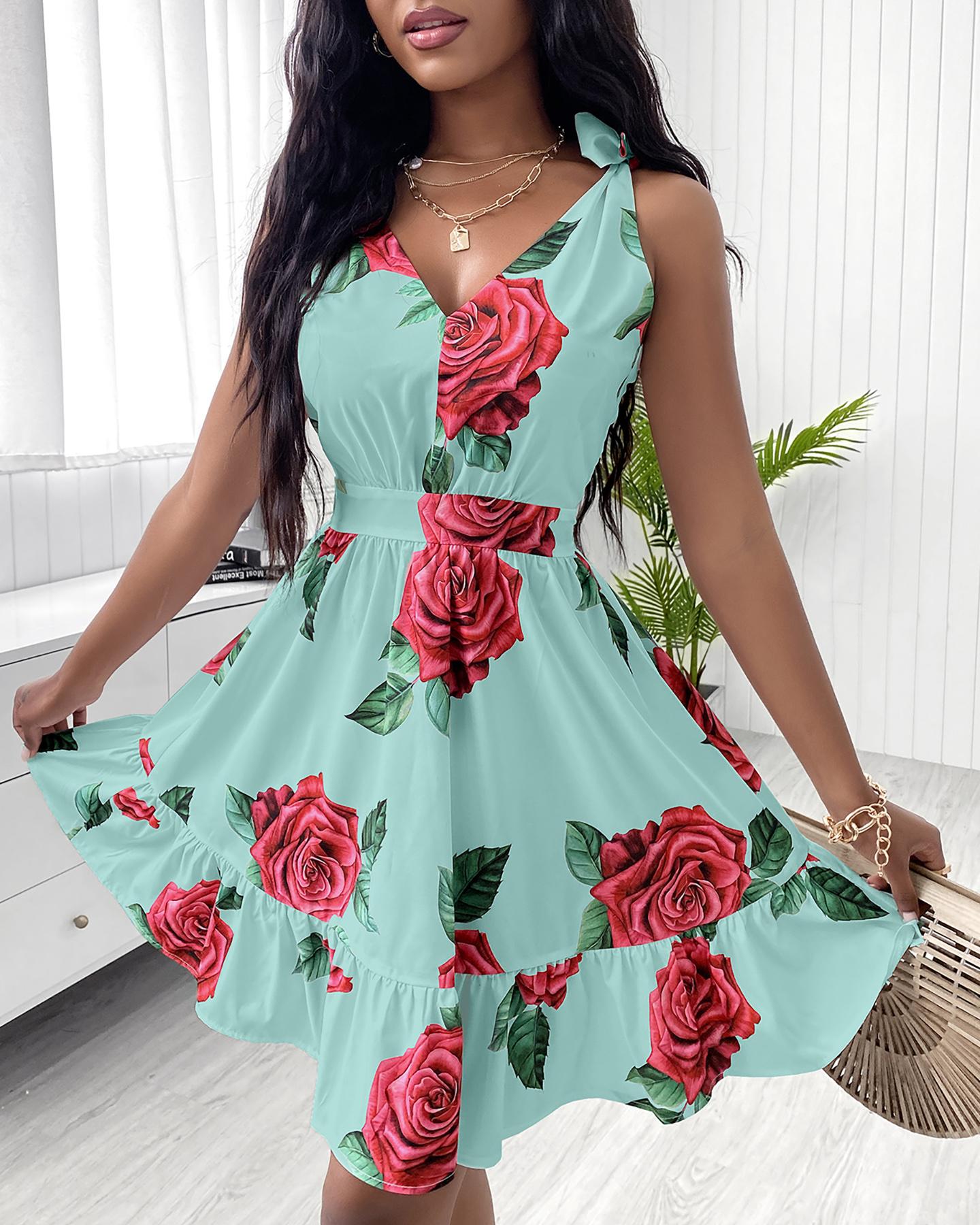 

Floral Print Sleeveless Dress, Green