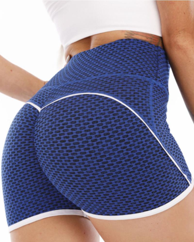 

High Waist Butt Lifting Honeycomb Yoga Active Shorts, Blue