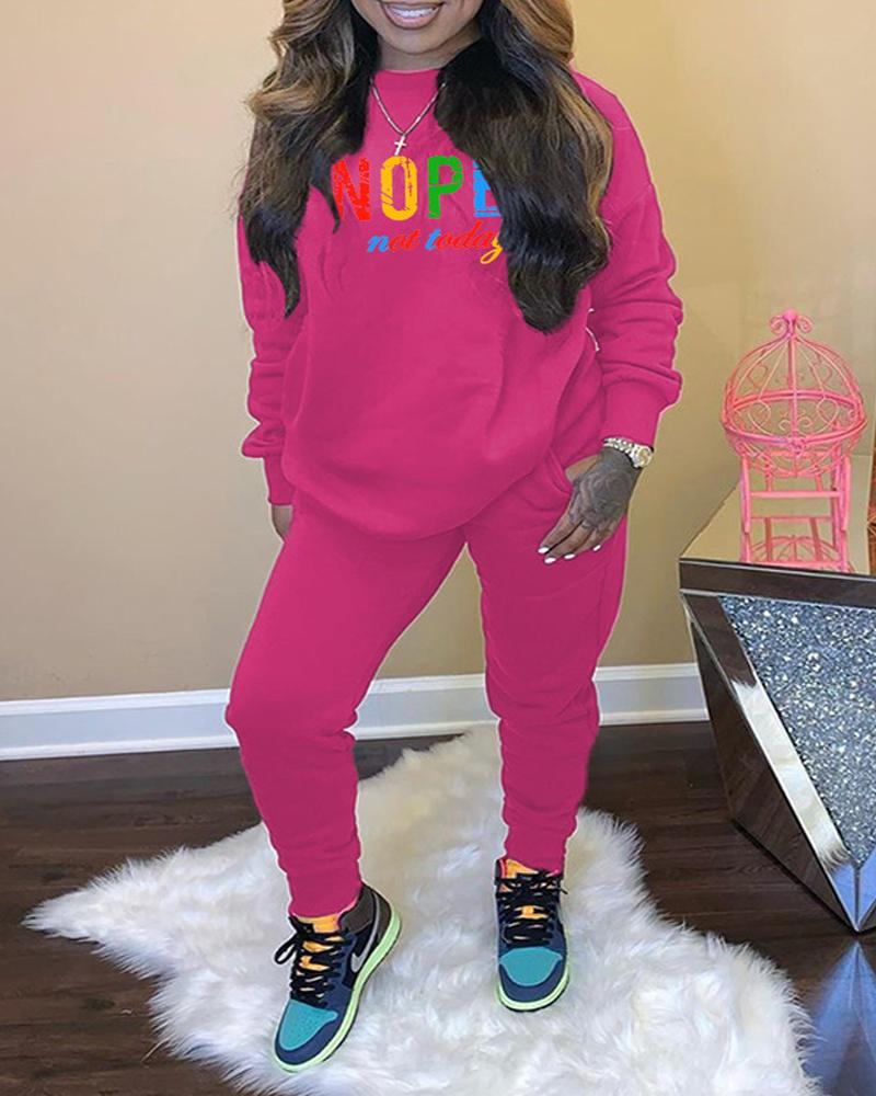 

Plus Size Letter Print Long Sleeve Casual Top & Pants Set, Hot pink