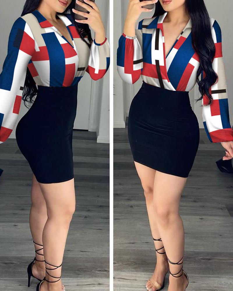 

Geometric Print Lantern Sleeve Bodycon Wrap Dress, Multicolor