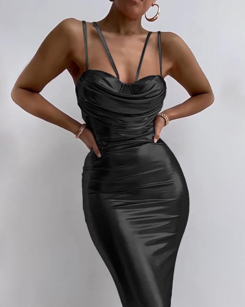 

Ruched Metallic PU Leather Bodycon Dress, Black