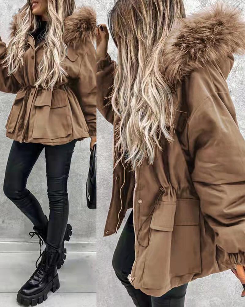

Women's Parka Casual Winter Long Coat Zipper Design Drawstring Lined Faux Fur Collar Jacket, Brown