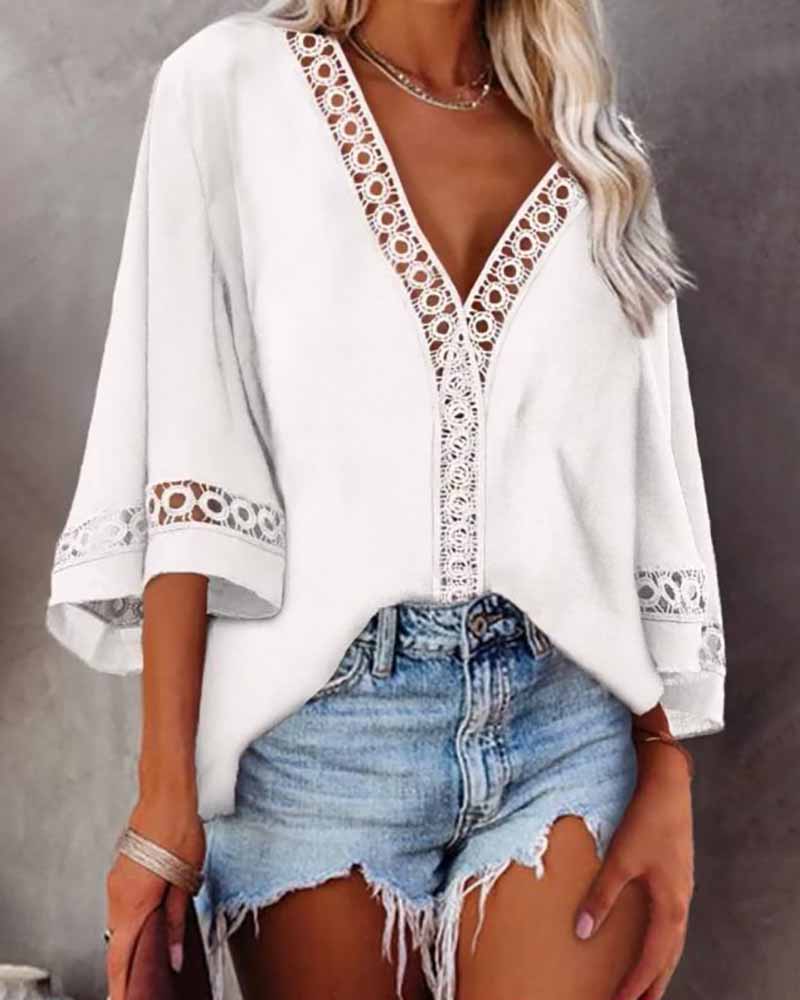 

Lace Patch V Neck Casual Top, White
