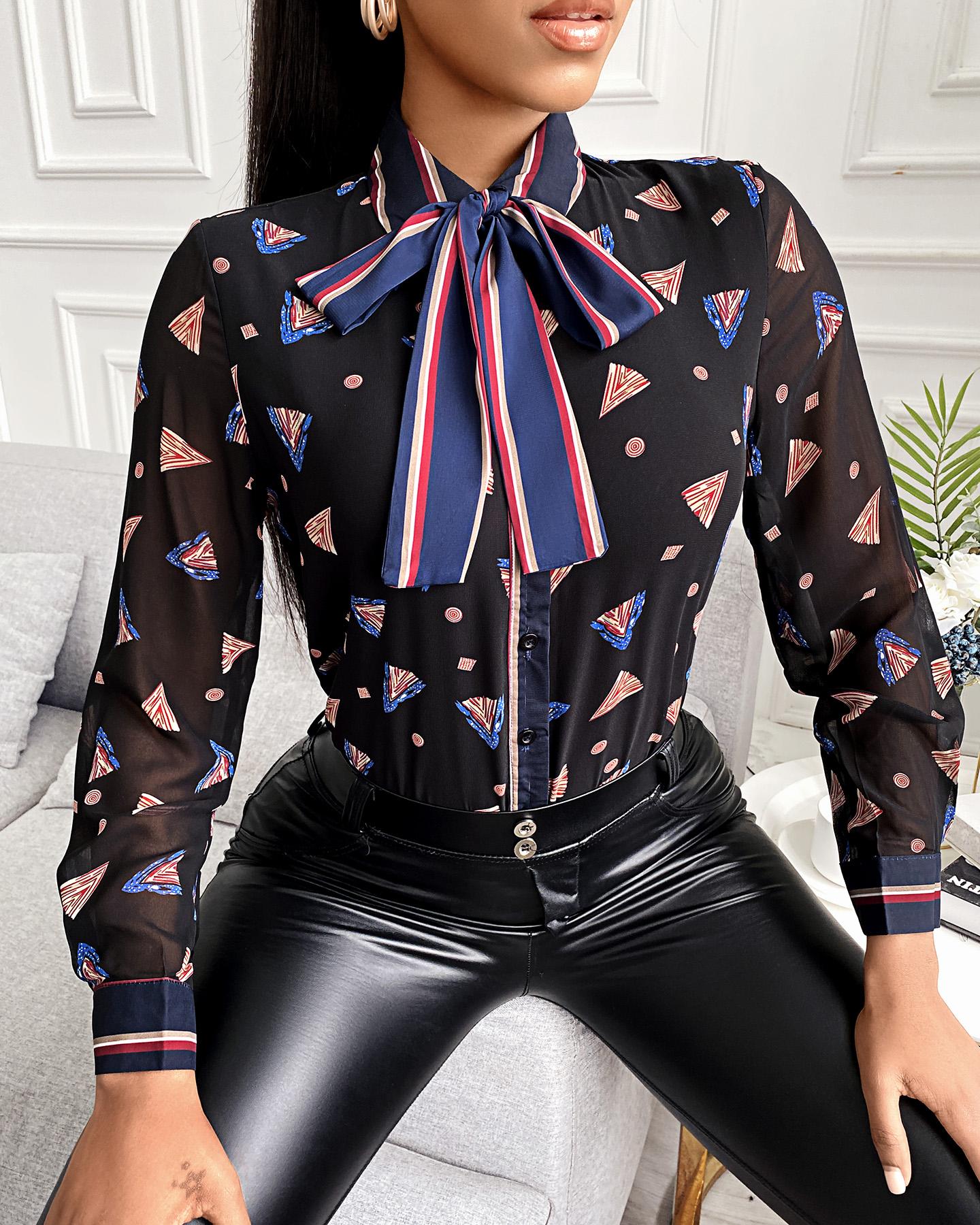 

All Over Print Lantern Sleeve Chiffon Shirt, Black