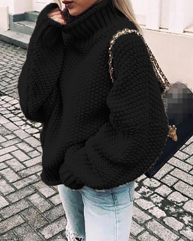 

High Neck Batwing Lantern Sleeve Knit Sweater, Black