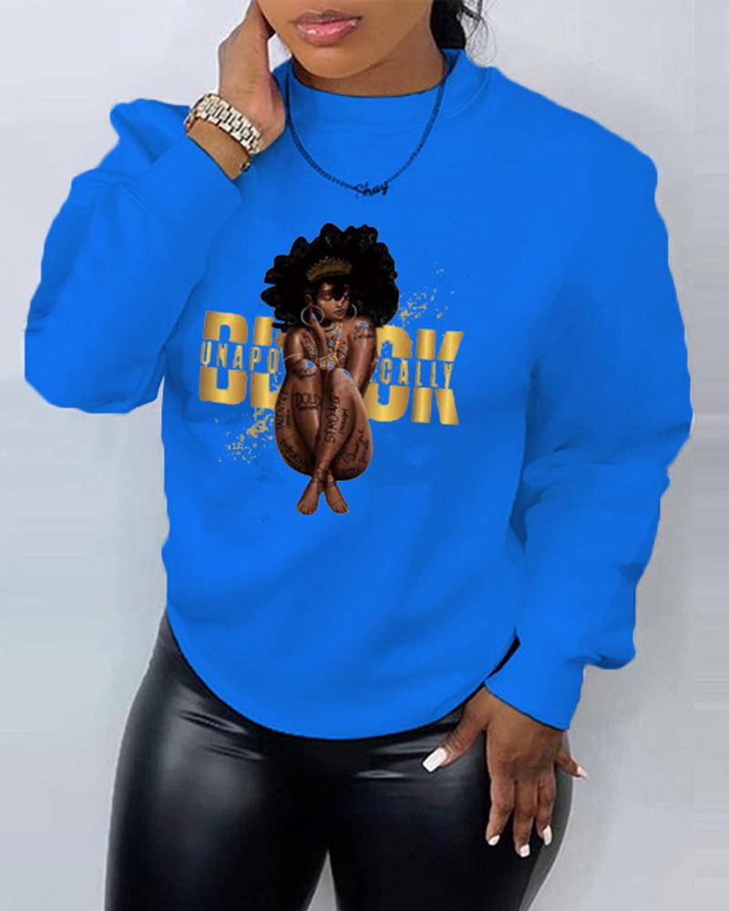 

Plus Size Figure Letter Print Long Sleeve Sweatshirt, Blue