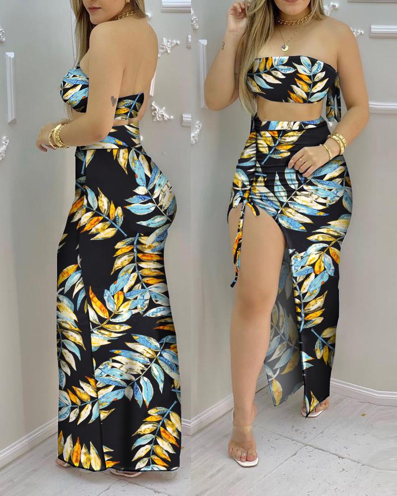 

Leaf Print Bandeau Crop Top & Drawstring High Slit Skirt Sets, Multicolor