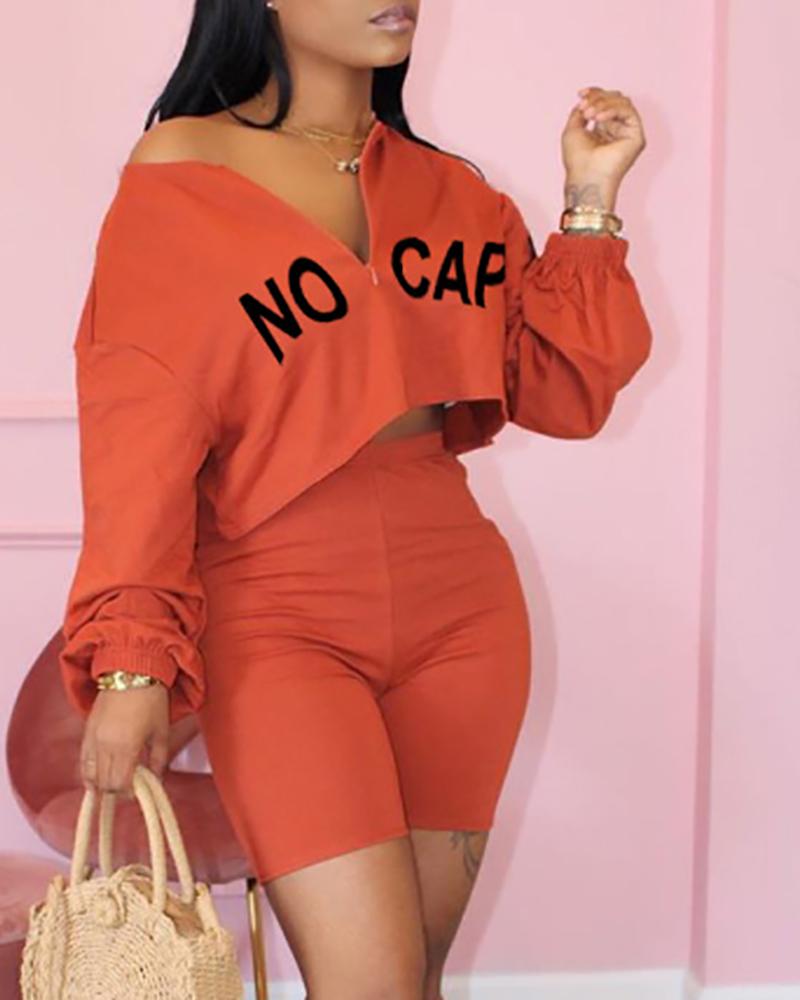 

Letter Print Long Sleeve Crop Top & Shorts Set, Orange