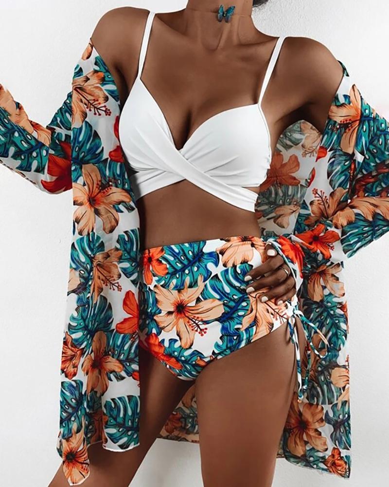 

3PCS Bandage Cutout Tropical Print Bikini Set With Cover Up, Orange