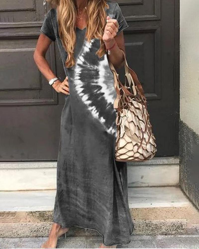 

Tie Dye Print Short Sleeve Casual Dress, Gray