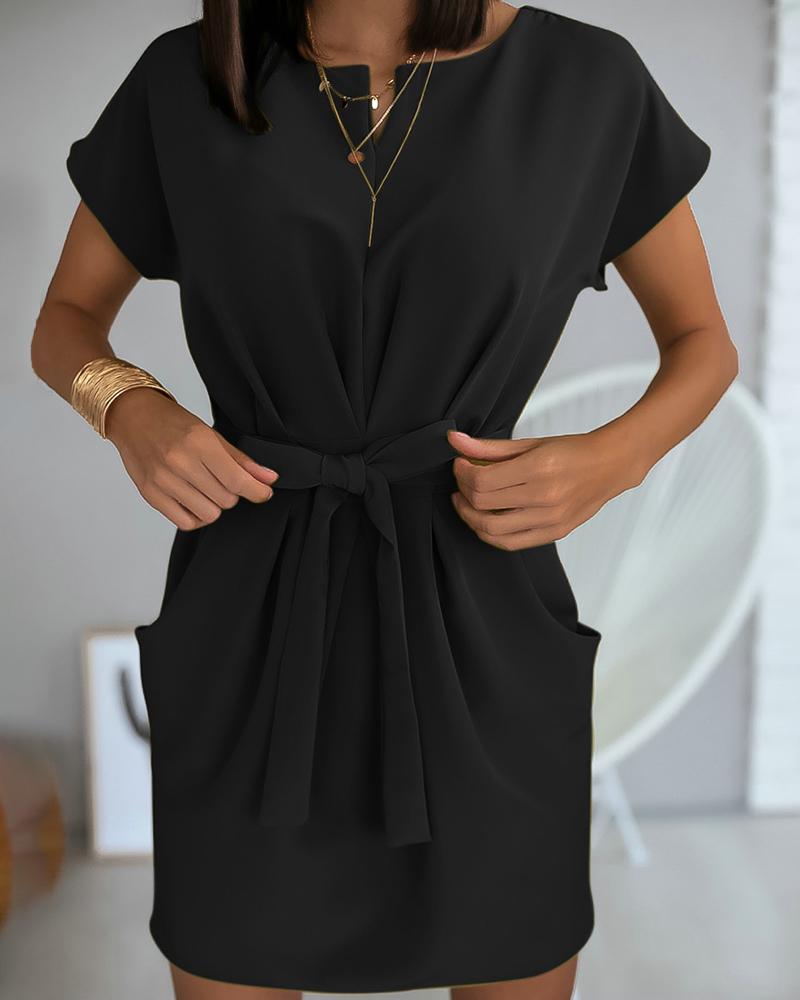 

Short Sleeve Ruched Pocket Design Dress, Black